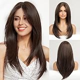 HAIRCUBE Long Dark Brown Wigs for Women Lace Wig Layered Synthetic Hair Middle Part