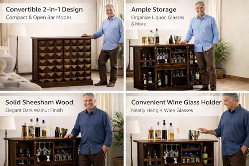 Image of Handcrafted Wooden Bar Cabinet | Traditional Indian Artisan Made Home Bar Furniture with Wine Rack & Storage Drawer | Walnut Finish