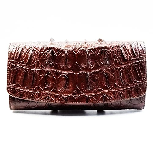 New Brown Genuine Crocodile Leather Black Tail Skin Women Tri-Fold Clutch Wallet Purse.