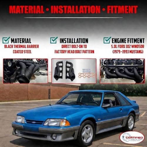 Image of Stealth Black Thermal Barrier Shorty Headers 79-93 Ford Mustang 5.0L LX GT | 302 V8 Foxbody Direct Bolt-On Stealth Performance Exhaust Headers With Copper Gaskets & Hardware Kit 5.0 Fox Body 1979-1993