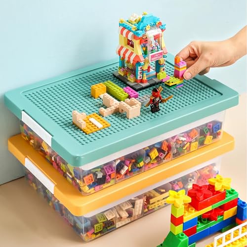 Toys Storage Organizer Box for Lego, Toy Storage Box with Building Plate Lid and Removable Tray...