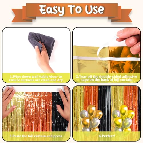 Image of Voircoloria 2 Pack Black Gold Orange Foil Fringe Backdrop Curtains, Tinsel Streamers Party Decorations, Fringe Backdrop, Door Shimmer for Construction or Birthday Party