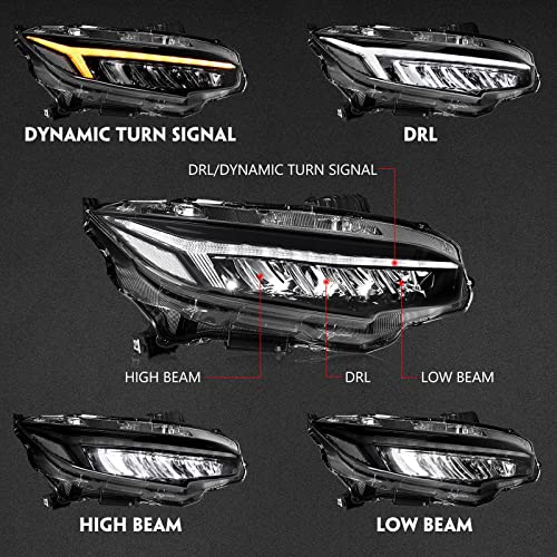 Huray Led Headlights For 10Th Gen 2016-2022 Honda Civic, Headlamp Assemblies With Sequential Turn Signal For Civic Sedan/Coupe/Hatchback, Head Lamps For Ex/Lx/Sport/Touring/Si/Type R - 1 Pair #TOP3