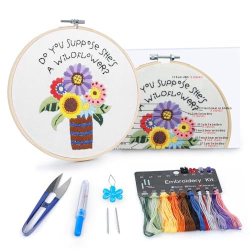 Image of BERYA Flowers Embroidery Kit Including Video Step by Step Instructions,Embroidery Hoop,Color Threads and Embroidery Scissors for Beginners-Handmade Needlepoint Kits for Adults