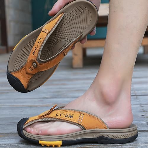 MILDSEVEN Handmade Men's Large Size Hiking Sandals, Fashion Real Leather Closed Toe Slippers, Outdoor Breathable Backpacking Beach Shoes,8,Gold2