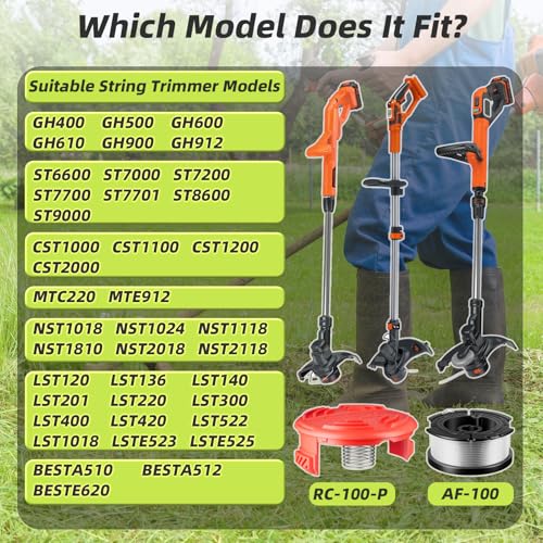 Chway 14 Pcs AF-100 Weed Eater Strings Compatible with Black and Decker Weed Eater, 0.065’’ AFS Automatic Feed Replacement Spool, 12 Pcs Spools(360ft Total), 2 Pcs RC-100-P Caps and 2 Springs