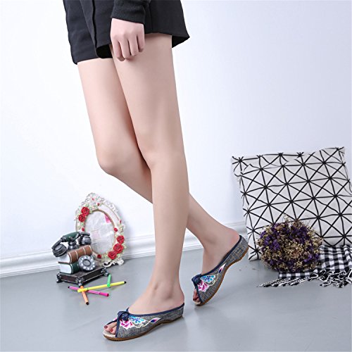 Qhome Women's Floral Embroidery Comfortable Casual Canvas Mules House Slippers Shoes4