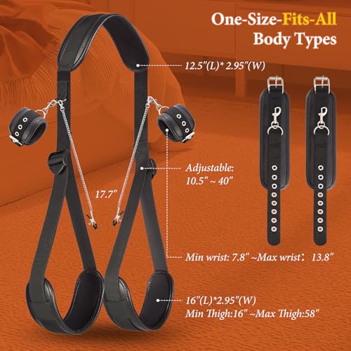 Image of Sex Bondage Restraints BDSM Kit - Leather Neck to Thigh /Ankle Sling Bed Restraints Set for Couples, Adjustable Sex Straps with Handcuffs & Detachable Nipple Clamps, Adult Sex Toys for Women Men