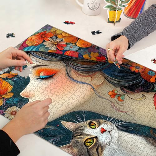 PICKFORU Elegance in Bloom Puzzle para Adultos 1000 Piezas, Rompecabezas de Dama con Arte Único, Gato y Flores miniatura 5