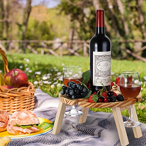 Ubeesize Portable Wine Picnic Table With 1 Bottle Holder+4 Glass Holders, Natural Wood Picnic Table,Small Bed Tray, Foldable Picnic Table For Beach,Camping,Lightweight,11.8 In Dia Round #TOP6