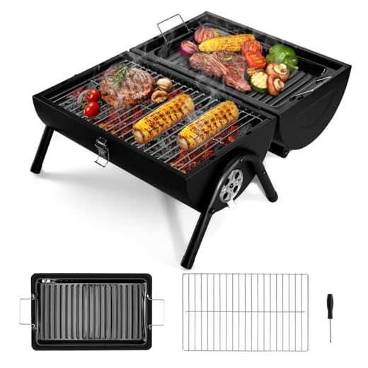 HaSteeL Portable Charcoal Grill, Outdoor Barbecue Folding Mini Smoker, Adjustable Small Tabletop Grill with Roasting Plate & Grate, Two Side Grill for Camping Hiking Beach Garden Backyard Picnic