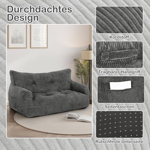 Pamapic Sitzsack, Sitzsack Erwachsene mit Füllung, Doppeltes Lounge Sessel mit Tragbarem Griff, Modernes Ergonomisches BeanBag, Indoor Sitzsäcke Stuhl für Wohnzimmer, Schlafzimmer, Spielzimmer, Grau