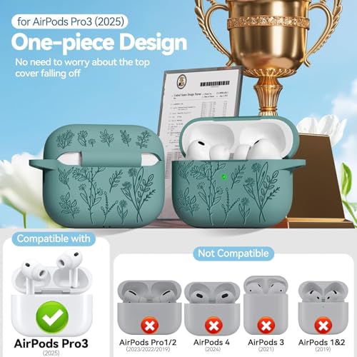 Image of Meyaar Silicone Case for AirPods Pro 3 Floral Embossed, Flower Engraved Soft Silicone Cover with Keychain, Anti-Scratch, Shockproof Protective Case Cover (Pine Green, for AirPods Pro 3 (2025))