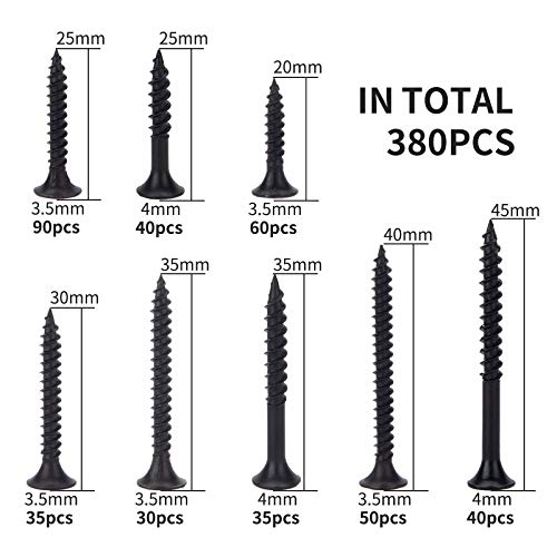 Maexxna C20003 380Pcs Drywall Screws Kit, 8 Sizes Wood Screws, Black Steel Drywall Screws Phillips Bugle Head And Black Phosphate Finish Self Tapping Screws Assortment thumb #1