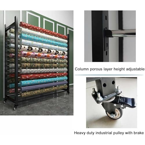 Vinyl-Wagen, mobiles Regal, kommerzielle Stoffrolle, Aufbewahrungsregal, verstellbare Hängestange, beweglicher, robuster Stahl-Organizer mit Rädern für Vinylspule/Lederrolle/Fensterfolie/Wand
