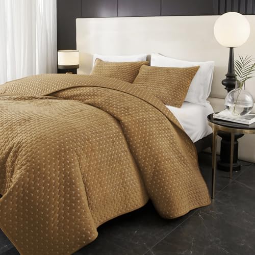 Powdion Velvet Quilt Queen, Oversized Bedspread Quilted Bedding Set, Luxurious Soft Coverlet Set Lightweight Velvet Comforter with 2 Pillow Shams, Gold Caramel, Cross Stitch Striped Quilt Queen