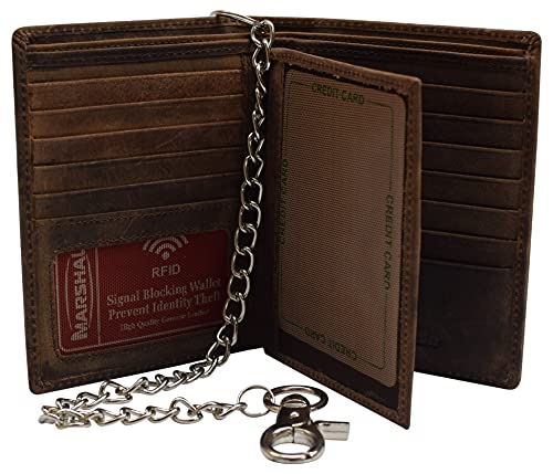MARSHAL Bifold Genuine Leather RFID Blocking Wallet For Men Card Slots, 2 Bill Compartments, ID Windows, Money, (Vintage Brown with Chain)
