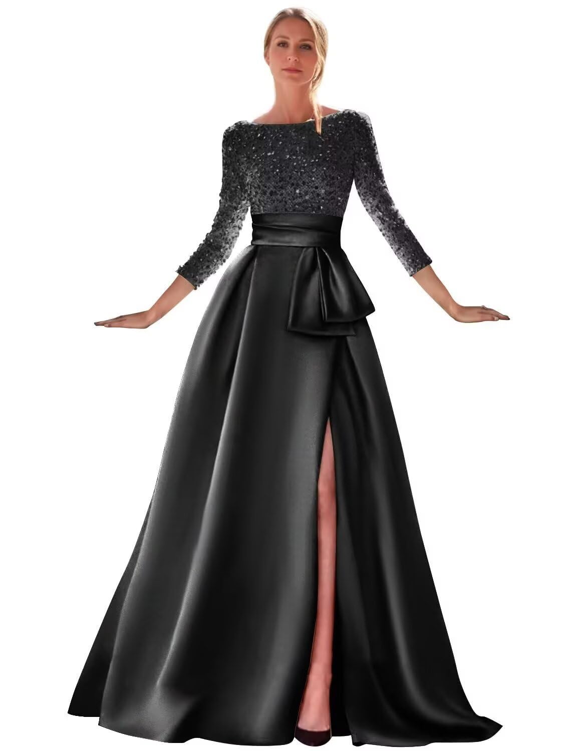 QFMYYXGS Women's Long Sleeve Prom Dresses Sequin Satin Ball Gown Boat Neck Formal Gowns Evening Dress Long with Slit