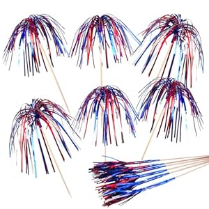 100 Pack 4th of July Cocktail Picks, 6 Inch Patriotic Firework Picks, Red Silver Blue Foil Frill Toothpicks Food Fruit Drink Sticks for Fourth of July Party Supplies Patriotic Decorations