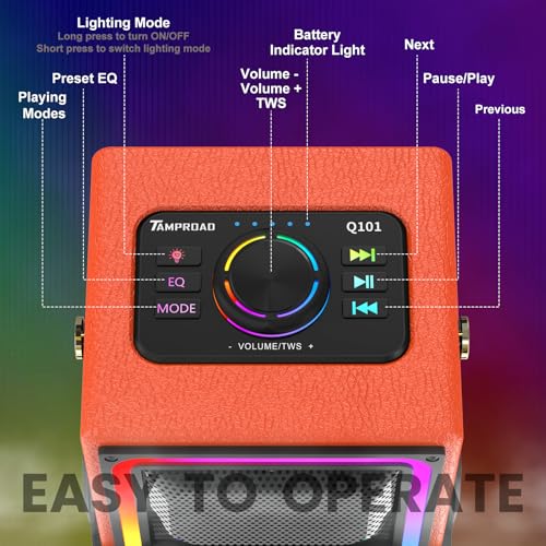 TAMPROAD Bluetooth Speaker, 120W Peak Power Wireless Speakers Boombox with Deep Bass, Portable Loud Stereo Sound Subwoofer with LED Light Show for Party, Outdoor, Camping (Orange) — view 6