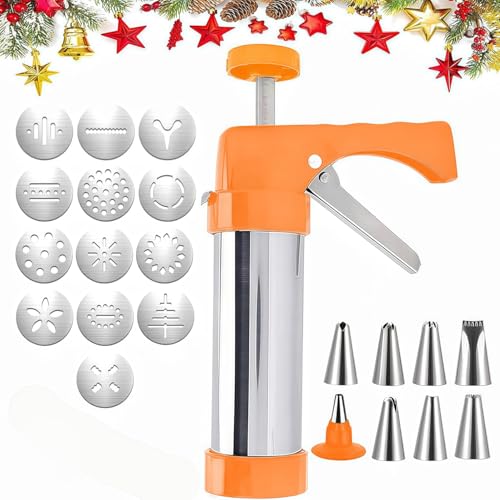 Spritz Cookie Press Gun Kit,13 Cookie Discs+8 Icing Nozzles Perfect for DIY Christmas Cookies and Decorating Cookies,Gifts for Wome(Comes with Cleaning Brush)(yellow)