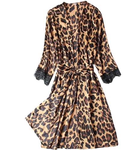 Albornoz Ducha Pijama Sexy De Satén Para Mujer, Bata De Encaje, Camisón, Ropa De Dormir, Bata De Baño De Leopardo De Encaje Albornoz Absorbente(XL)