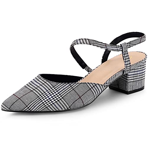 Perphy Houndstooth Pumps Slip on Pointed Toe Slingback Chunky Heels Pump for Women