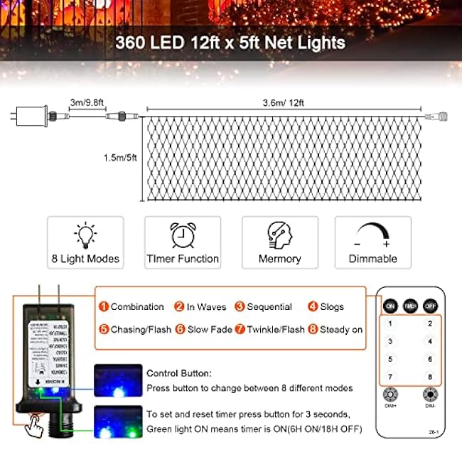 JMEXSUSS 360 LED 12ft x 5ft Halloween Net Lights, Connectable Orange Net Lights Outdoor Mesh Light with Remote, 8 Modes Plug in Orange Bush Light for Bushes Shrubs Halloween Decorations