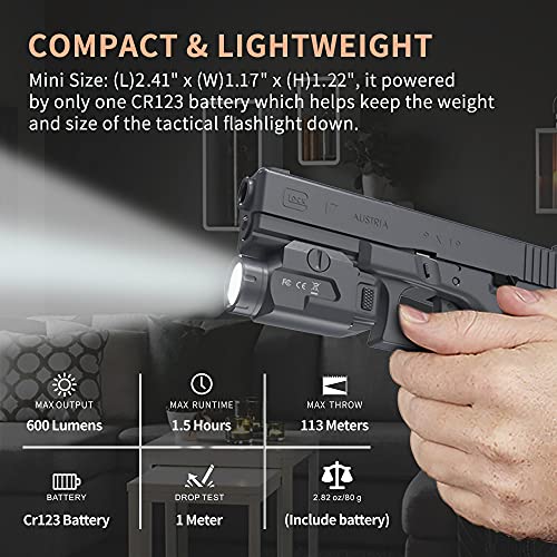 Elfgo Compact Rail Mounted Pistol Light, 600 Lumens Mini Led Strobe Tactical Flashlight Weapon Light, Gun Lights For Glock, Picatinny Mil-Std-1913, Springfield #TOP1
