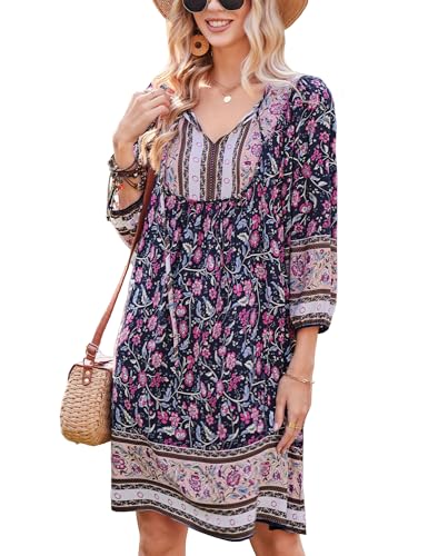 Image of Bluetime Women Casual Summer Dress Boho V Neck 3 /4 Sleeve Babydoll Floral Print Flowy Beach Dress