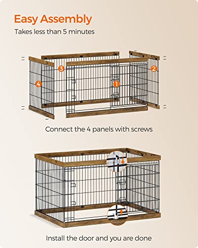 Feandrea Dog Playpen, Dog Fence, Panel And Steel, Sliding Door With Double L-Shaped Latches, Xxl, 48 X 31.5 X 27.6 Inches, For Dogs, Rabbits, Rustic Walnut And Black Uppk006T41 #TOP5