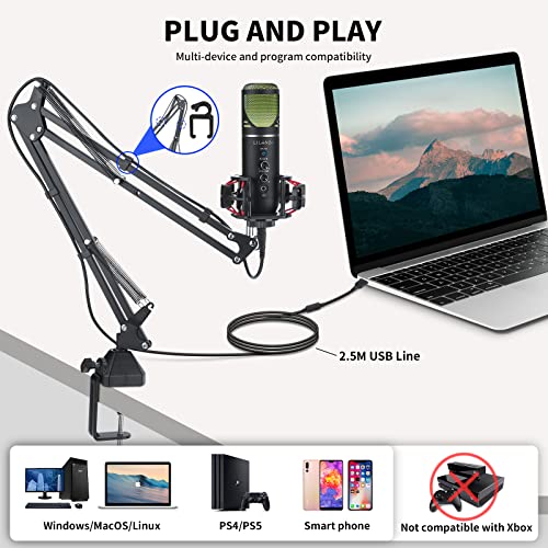 Lilanzo Usb Microphone, Podcast Gaming Microphone For Pc Ps4/5 Streaming, Computer Condenser Cardioid Mic For Recording, Singing, Youtube, Tiktok, Studio Mic Kit With Boom Arm, Mute, Volume, Reverb #TOP5