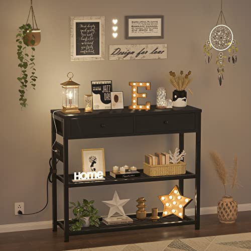 Ecoprsio Entryway Table With Outlets And Usb Ports, Console Table With 2 Drawers, Sofa Table Narrow Long With Storage Shelves For Living Room, Couch, Hallway, Foyer, Kitchen Counter, 32'', Black #TOP7