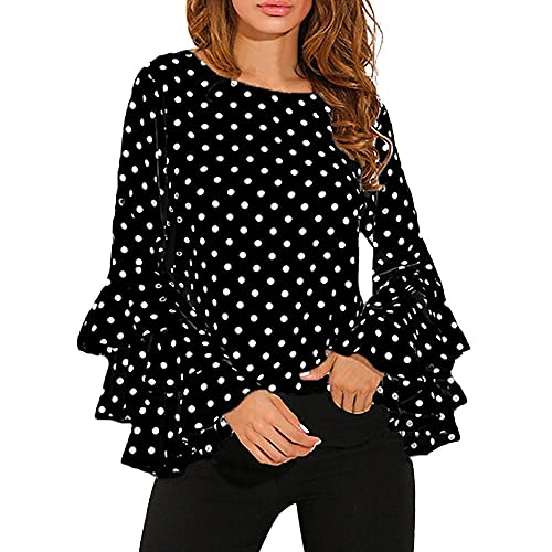 Blusa de gasa para mujer, de manga larga, con volantes, manga larga, con estampado de lunares,...