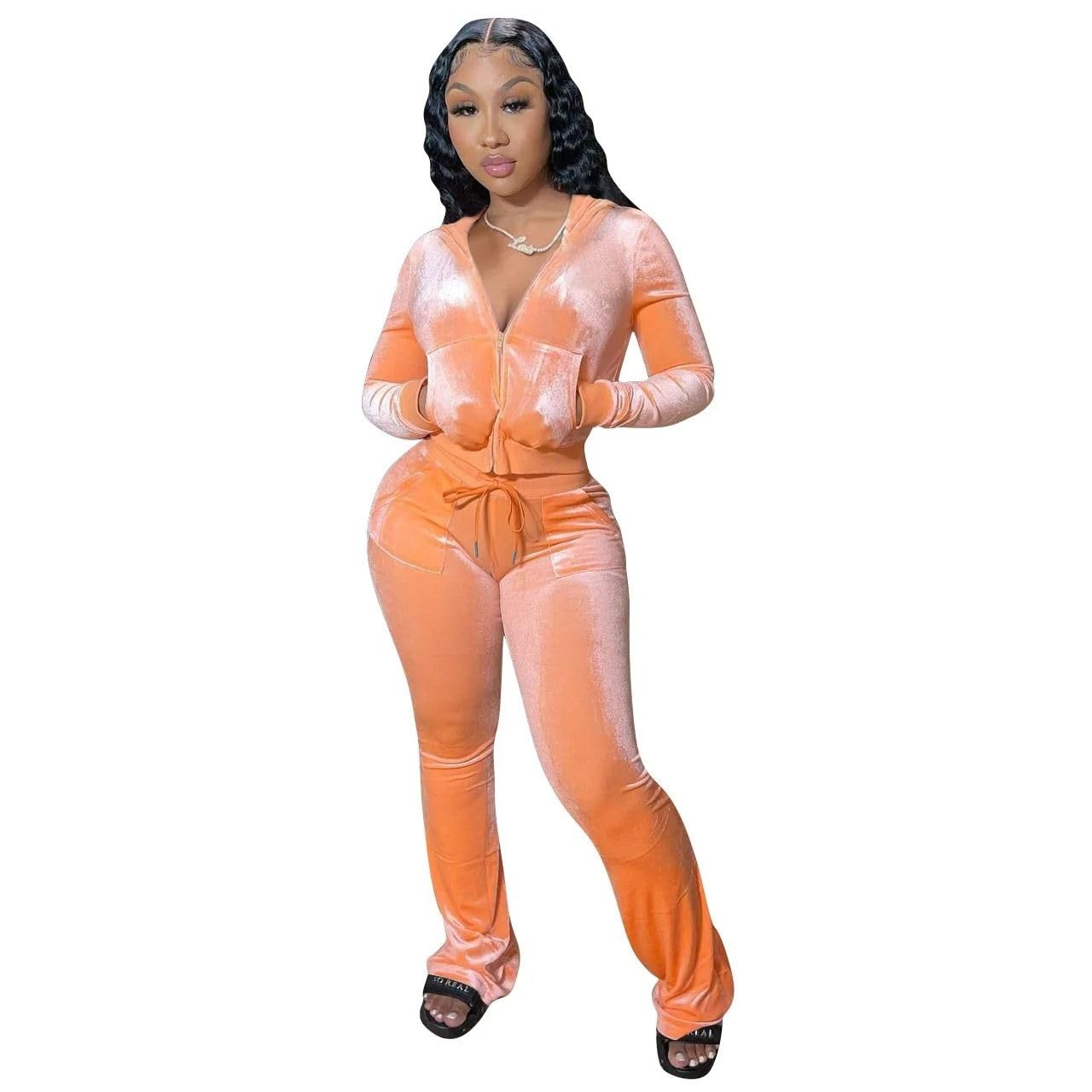 Ensemble 2 pièces velours pour femme, sweat à capuche et pantalon large décontracté