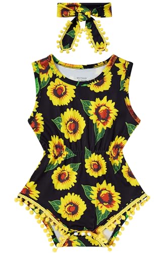 UNICOMIDEA 0-3 Months Newborn Girl Sunflower Jumpsuits 3D Printed Yellow Green Leafs Rompers for Babys Summer Sleeveless Pom Pom Lace Playsuits with Headband Boys Casual Party Wear Outfits