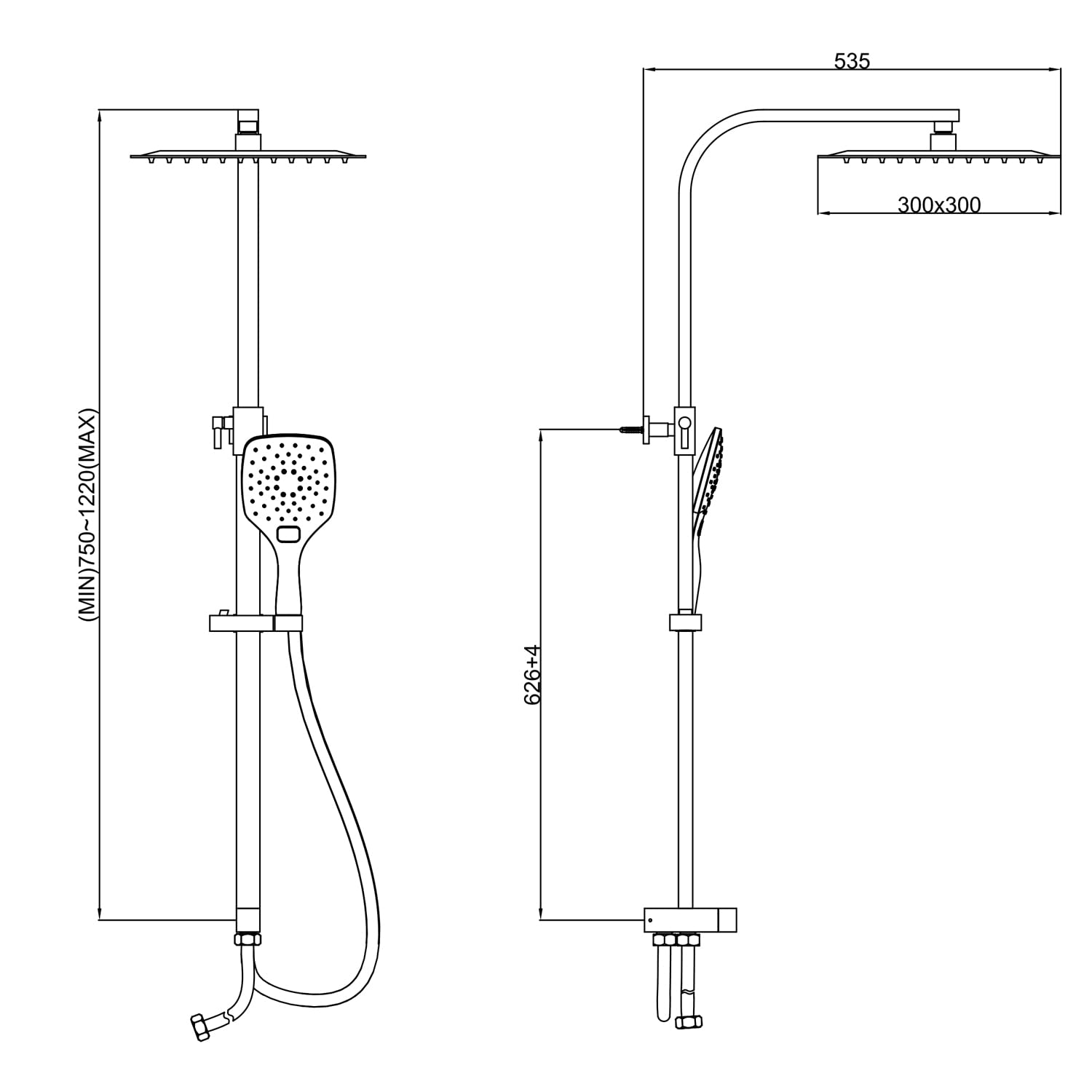 KOMIRO Duschsystem ohne Armatur, Regendusche Ohne Armatur,Duschset mit Duschkopf 30x30cm, Handbrause mit 3 Strahlarten, Edelstahl Duschstange Höhenverstellbar,Quadrat