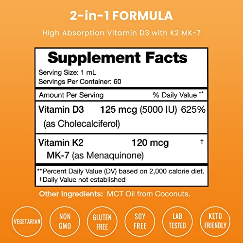 Image of NutraChamps Vitamin D3 K2 Drops, Liquid Vitamin D3 5000 IU & K2 D3 with MK7, Vitamin D Drops for Kids, Bones, Heart & Immune Health, Liquid Vitamin D in MCT Oil for Better Absorption