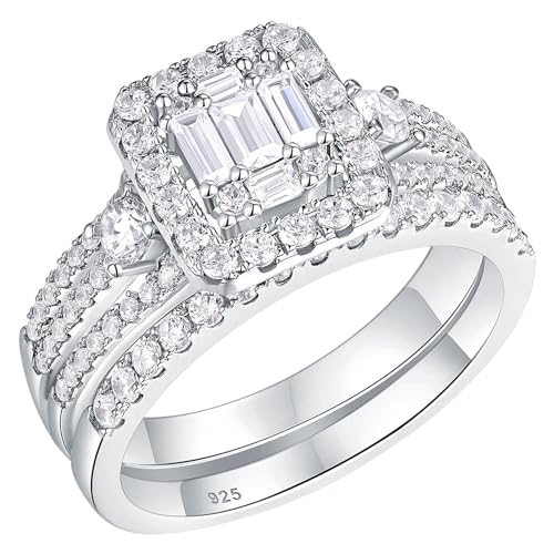 Newshe Jewellery Wedding Ring Sets for Her AAAAA Cz Engagement Band Rings for Women Emerald 925 Sterling Silver Size 5-10