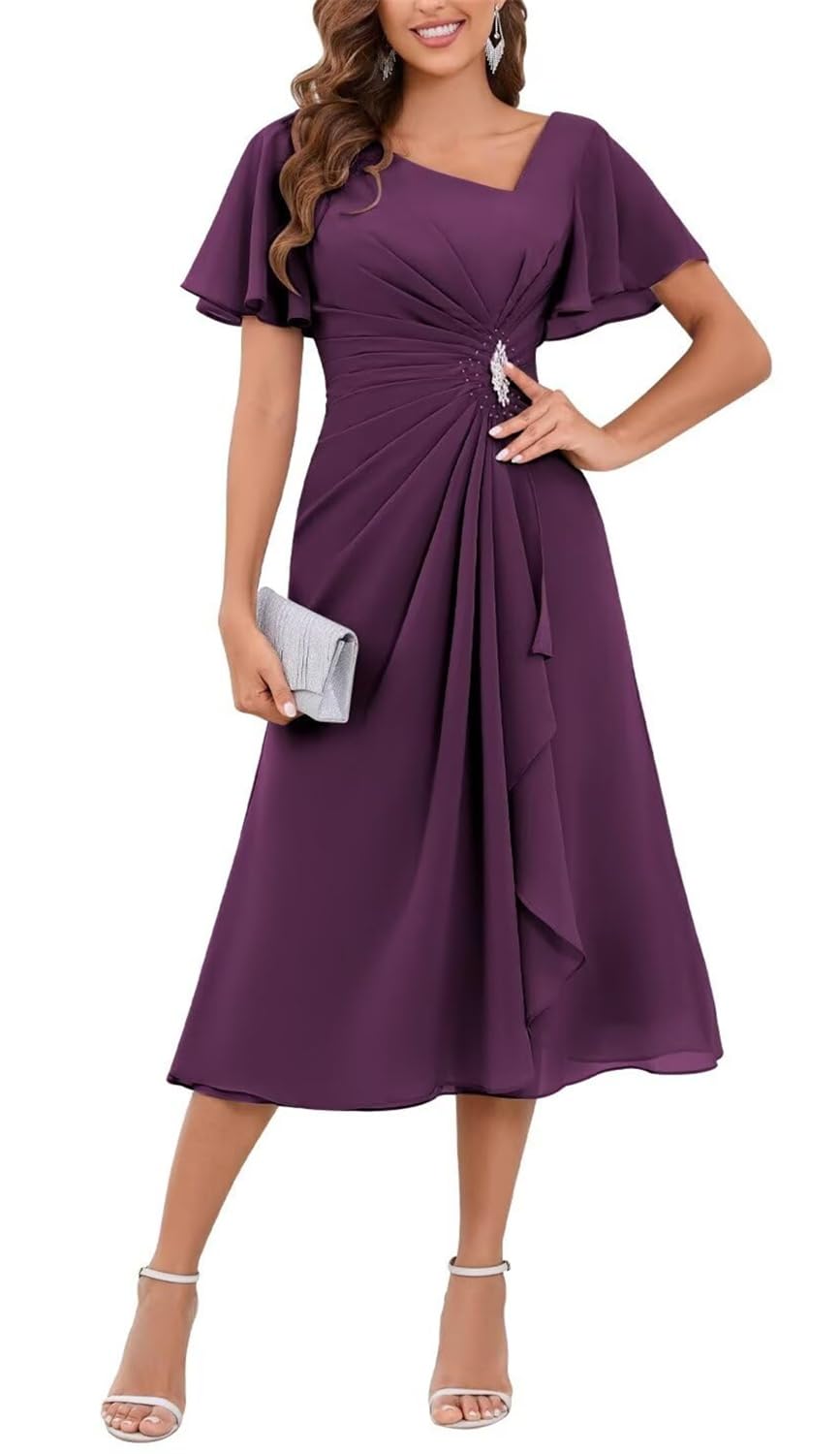 Yiann Women's Plum Mother Of The Bride Dresses Tea Length Mother Of Groom Dress With Sleeves Chiffon Formal Party Gown Uk12