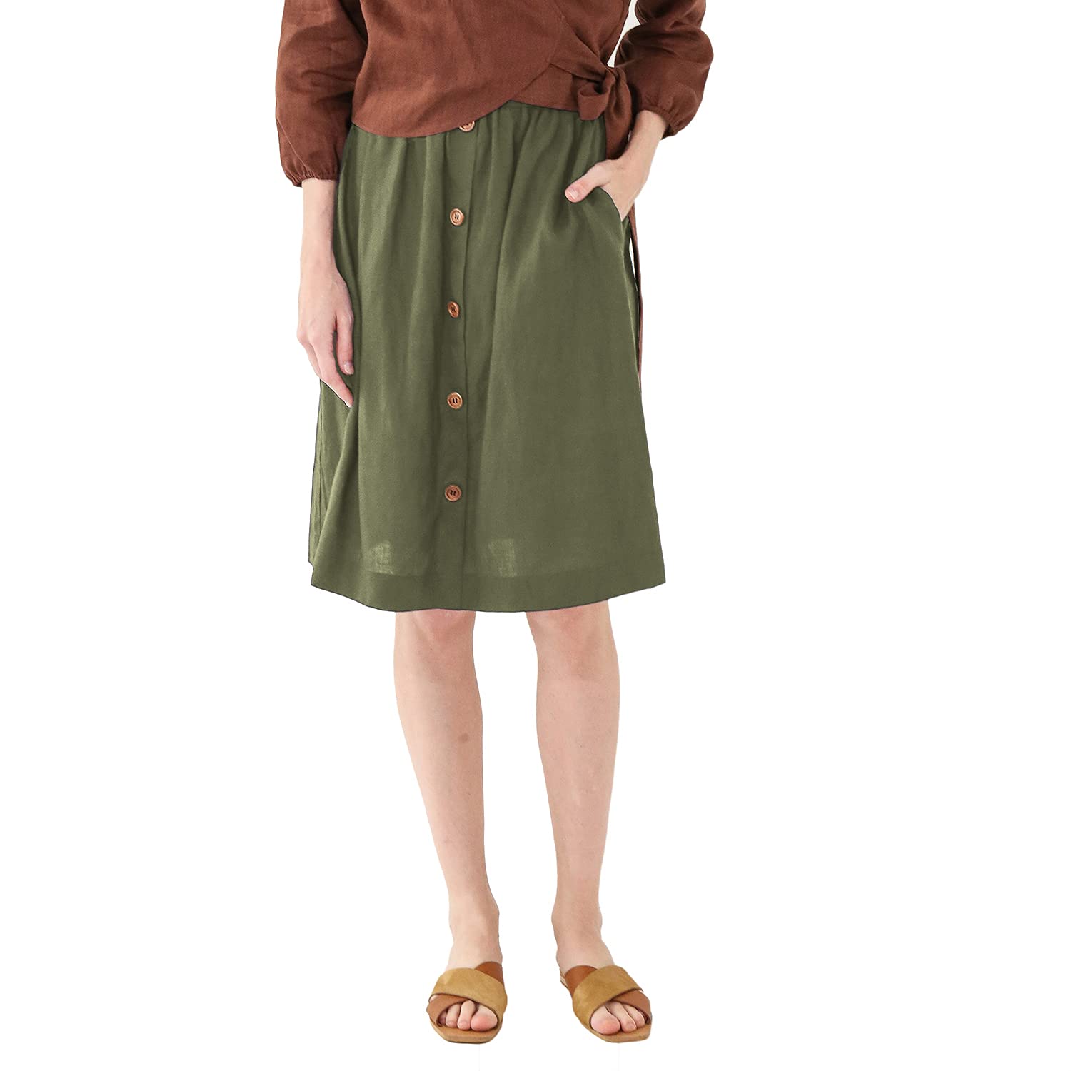 Womens Linen High Waist Pleated Midi Skirt Knee Length with Pockets