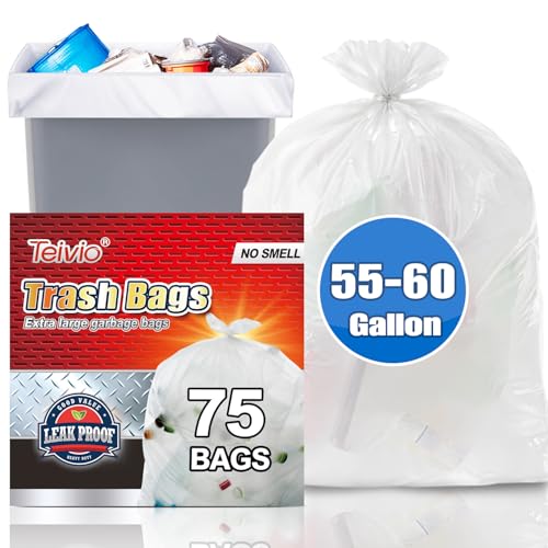 Image of Teivio Large Clear Trash Bags 55-60 Gallon 75 Counts Fit 50,55,60,Gal All Purpose Garbage Bags, Extra Large Lawn and Leaf Bags Outdoor Trash Can Liner, Drum Liners, Workshops, Backyard