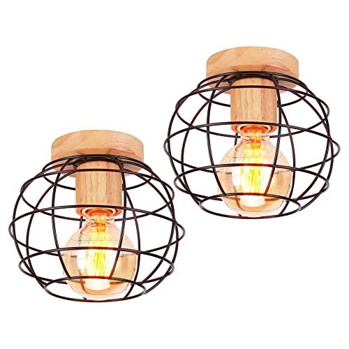 iDEGU Lot de 2 Plafonniers Industriels en Bois Métal Design Cage Vintage Lustre Suspension Noir Abat-Jour Luminaire E27 Rétro Lampe de Plafond de Rendu pour...
