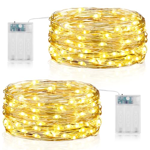 Forepin Guirnalda Luces Pilas, 2 Pieza 5M 50LED Luces LED Pilas con Temporizador, Cadena Luces LED de Alambre para Decorar Dormitorios, Navidad Guirnalda Jardín, Fiestas, Halloween, Bodas