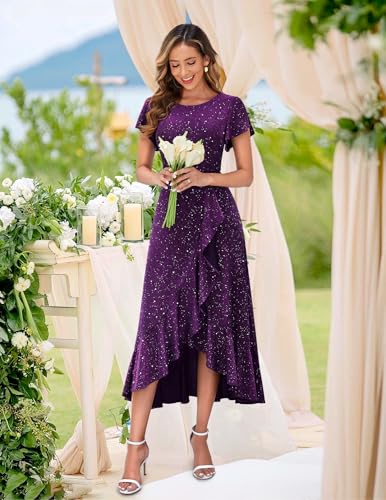 Image of BeryLove Women Sequin Formal Party Dress Flutter Short Sleeve Wedding Cocktail Long Evening Dress