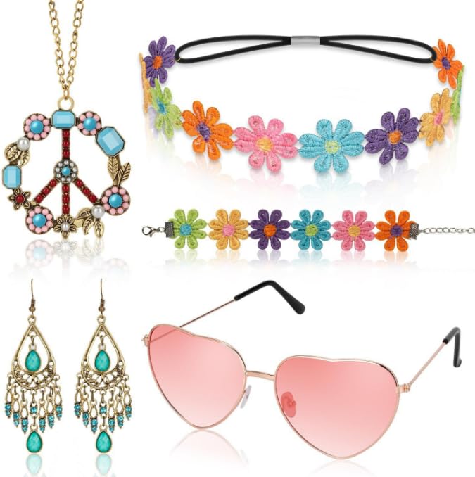 12 Piezas Accesorios Hippie Costume set,Juego De Disfraz Hippie Mujer,Conexión En Cadena,Bohemio Pendientes,Collar Signo De La Paz,Gafas De Sol,Diademas De Flores Años 70 y 80 Accesorios