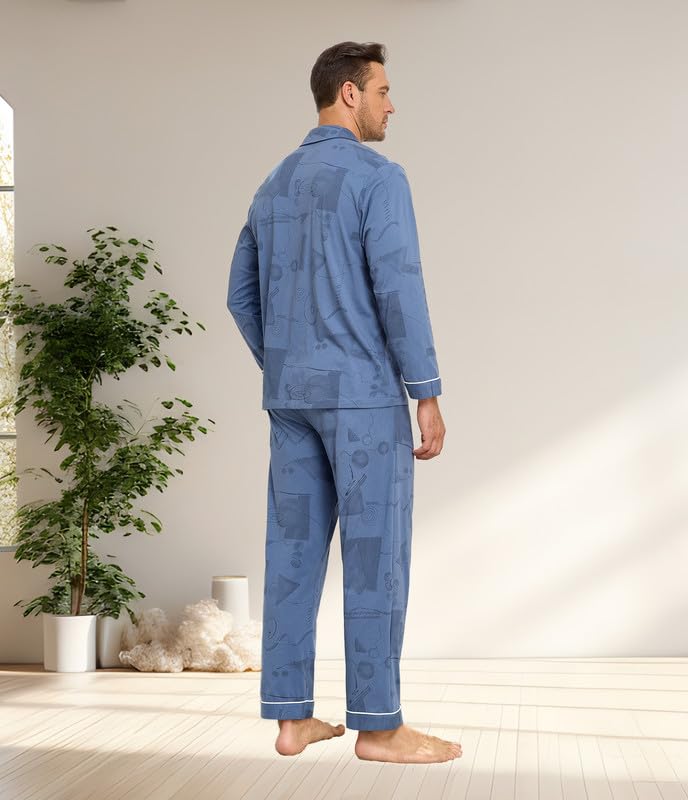 COLORFULLEAF Pigiama lungo da uomo in 100% cotone, a maniche lunghe, con abbottonatura, stampa leggera