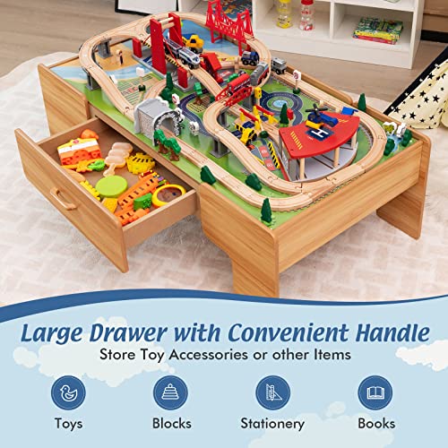 Image of Costzon 2-in-1 Wooden Train Table with Storage Drawer | Kids Activity Table w / 100 Pieces Railway, Track, Cars, City, DIY Design, Reversible Tabletop, Gift for Boys Girls