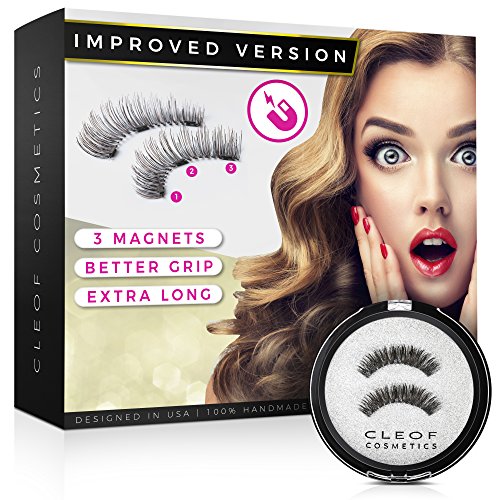 Magnetic Eyelashes - Reusable Magnetic False Lashes - Improved Version (Triple-Magnet, Extra-Long), Natural Color