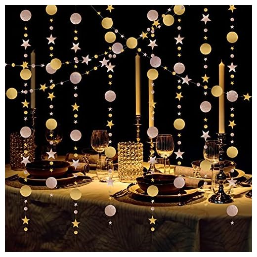 LAMEK 5 Pcs Runde und Stern Papier Girlande Champagner Gold 4M Glitzer Kreis Punkte Banner Hängend Glitzergirlande Party Dekoration zum Aufhängen für Geburtstag Hochzeit Babyparty Schulanfang